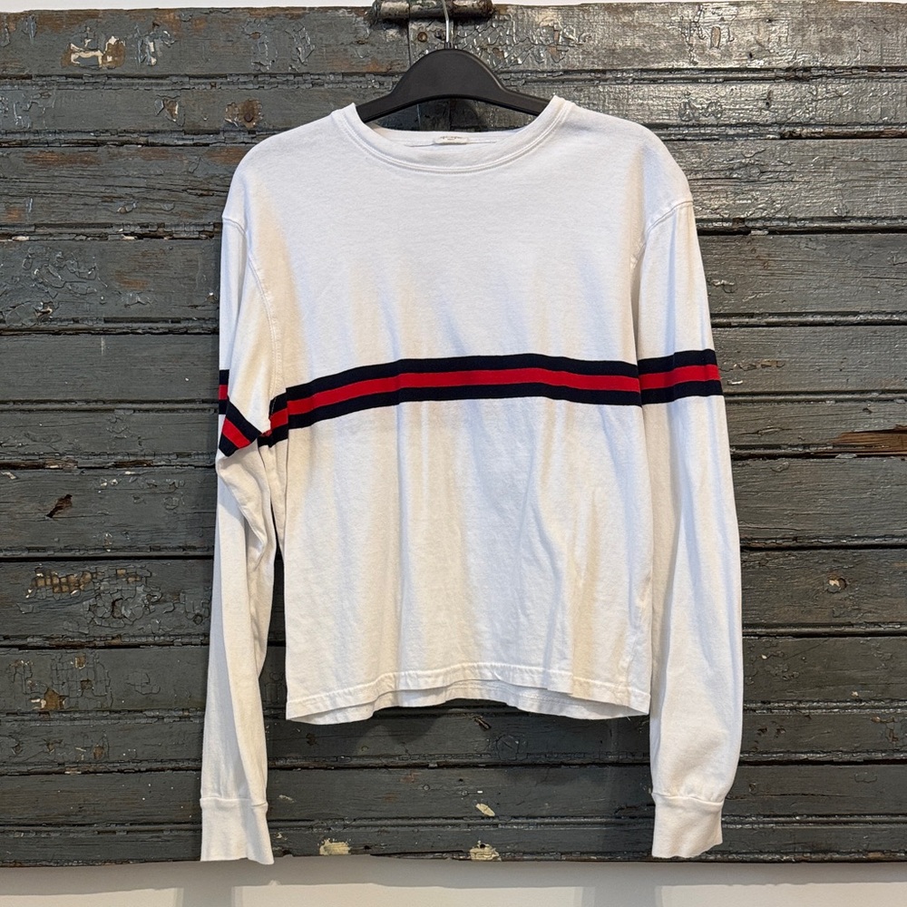 Brandy Melville White Long Sleeve Tee with Red and Blue Stripes